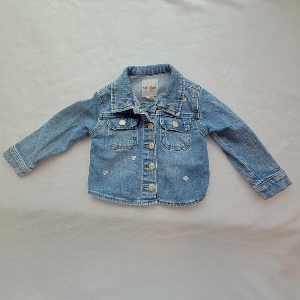 Cat & Jack Denim Jacket Kids 18M Blue Excellent Daisy Floral Embroidered Jean